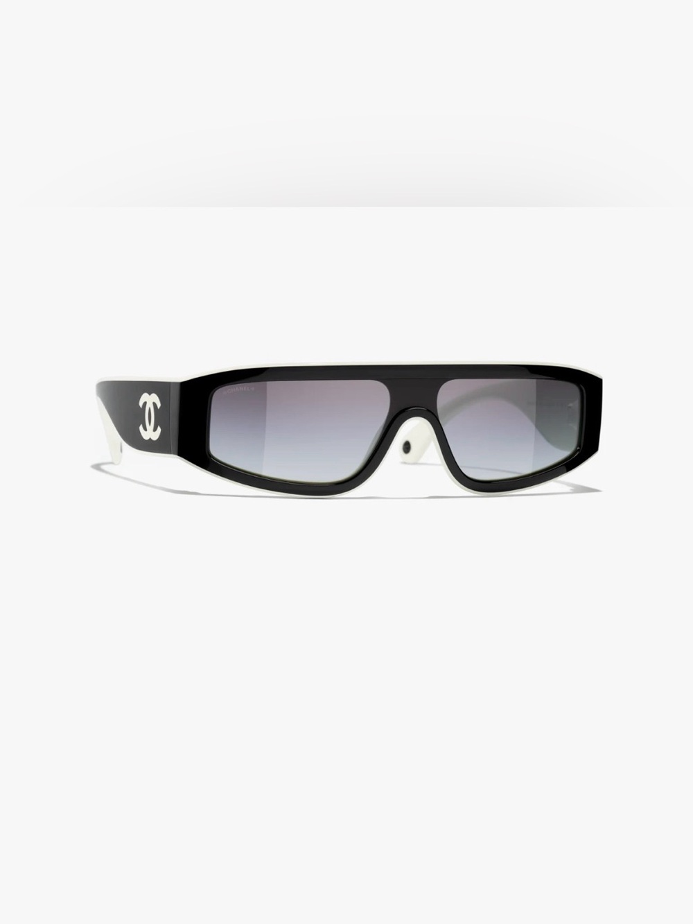 CHANEL Black Shield Sunglasses with Gradient Gray Lenses and White Temples